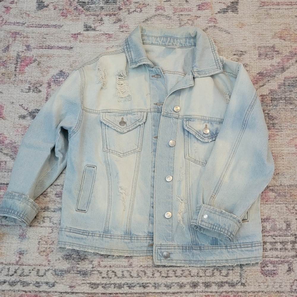 No Boundaries Oversized Light Blue Distressed Denim Jacket Size S
